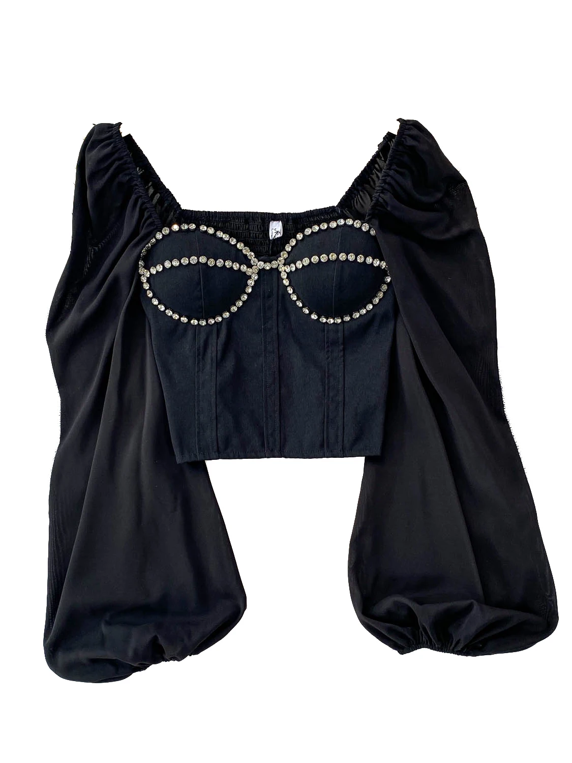 

Slim Fit Diamond Embedded Bubble Sve irt Женский новый дизайн Sle Fibone ort Длина Смачный топ с квадратным воротником