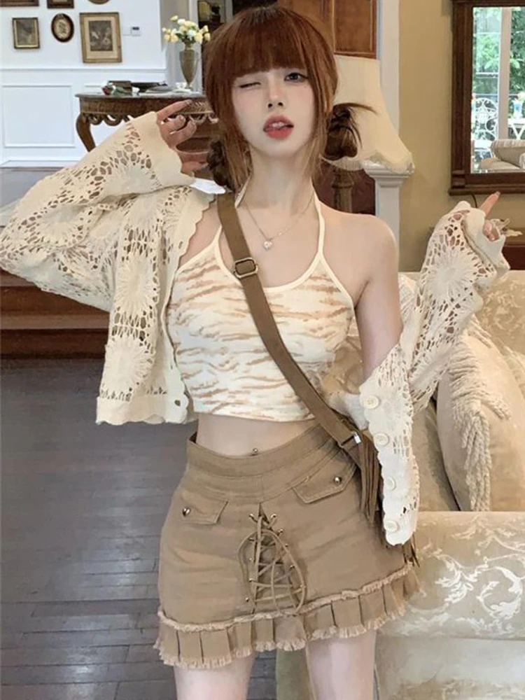 Hollow Out Thin Knitted Cardigans Women Summer Sun-proof Vintage Chic Loose Hotsweet College Girls Casual Breathable All-match