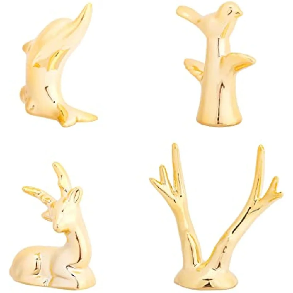 

4 Styles Gold Animals Ring Holder Porcelain Bird Antlers Christmas Reindeer Dolphin Ring Display Decorations Small Ring Holder