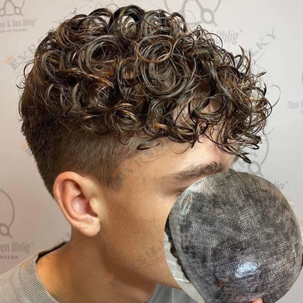 شعر مستعار رجالي مجعد 24 ملم خط شعر طبيعي # 6 باروكات شعر بشري أشقر بني وأسود ورمادي، بدلة شعرية ميكروسكين متينة للغاية #1