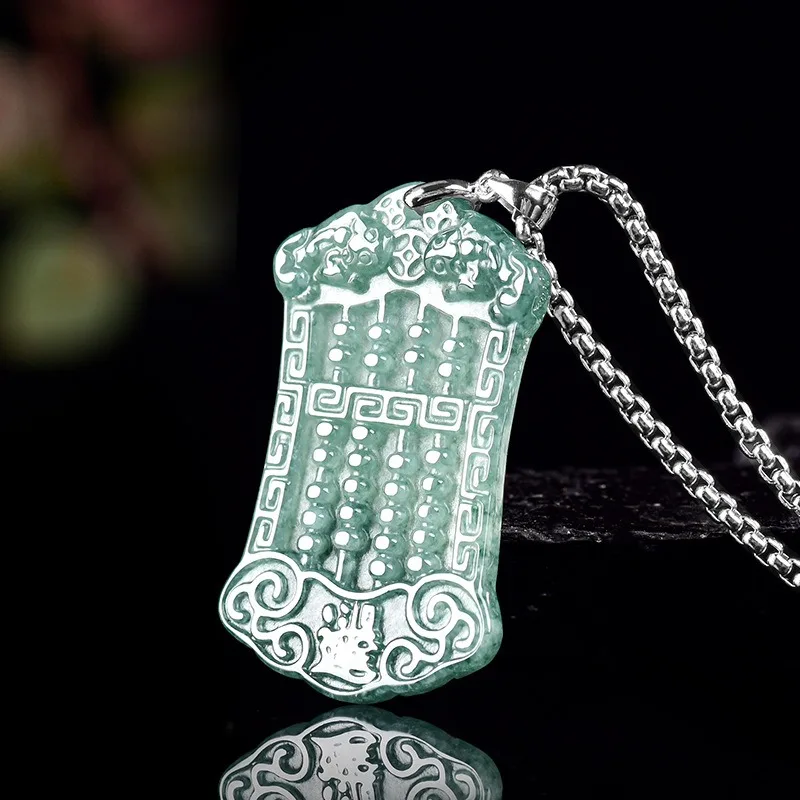 

TIMESWIND Natural A-type Jade Green Abacus PIXU Coin Men Titanium Steel Necklace with Certificate