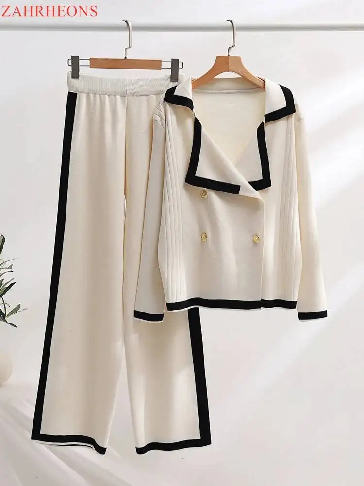 Herbst Damen Strickset 2 Stück Retro Zweireiher Strickjacke Pullover weites Bein Hose zweiteiliges profession elles Set für Frauen