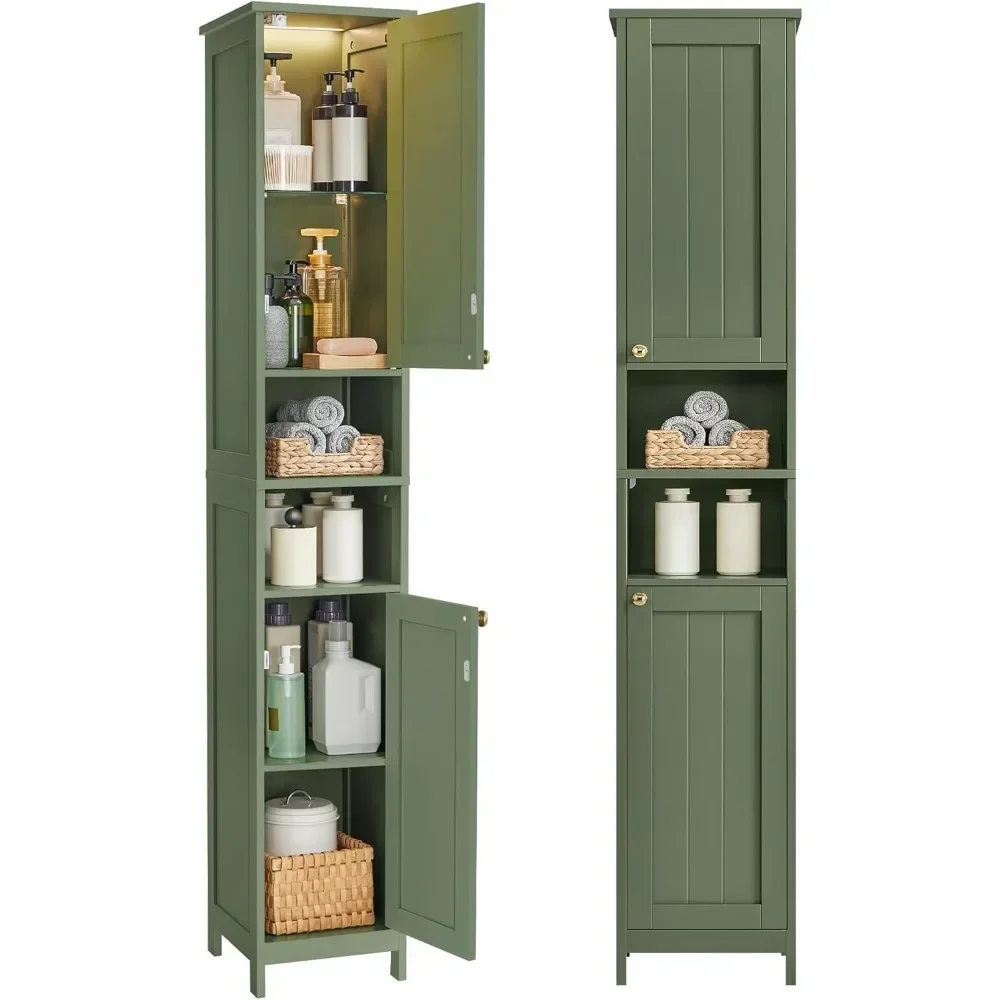 

Tall Bathroom Cabinet with Lights, Slim Bathroom Storage Cabinet, Freestanding Narrow Cabinet with Adjustable Shelves