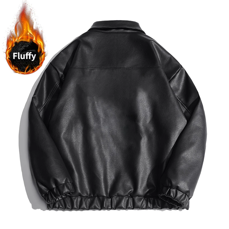 Manteau noir en similicuir PU pour garçons, veste de moto surdimensionnée, peluche moelleuse, haute qualité, fermeture éclair, motard, média