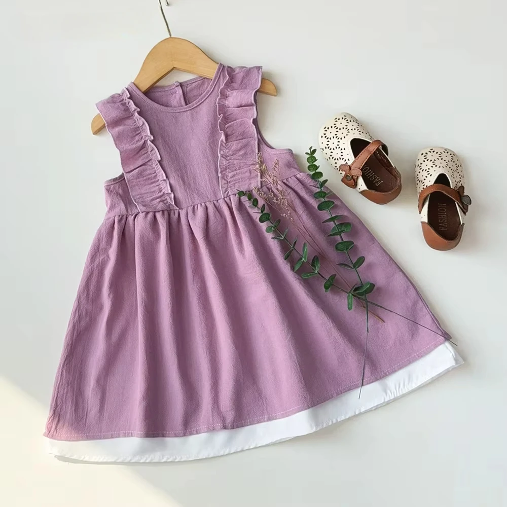 Summer Promotion Purple Countryside Style Lace Round Neck Sleeveless Vest Dress for Girls 3-7