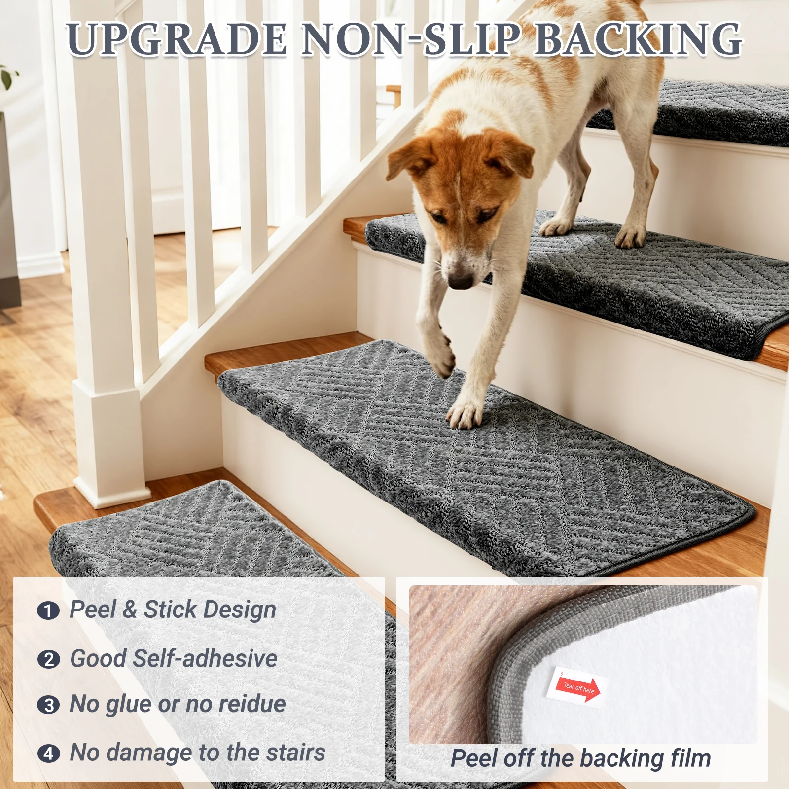14 Pack Stair Rug Non-Slip 30 x 9.5 x 1.2 Inch Soft Reusable Peel and Stick Stair Mats for Indoor Wooden Steps Grey Diamond Pat