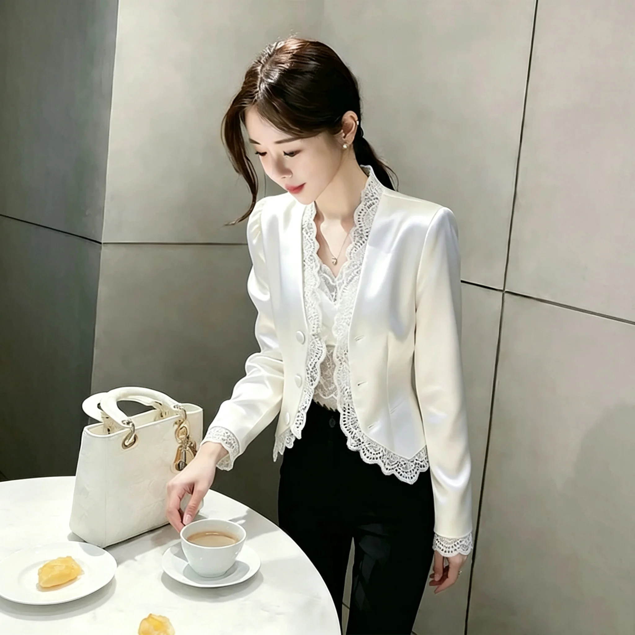 

Women's White Satin Blazer 2026 New Lace Trim V Neck Long Sleeve Short Luxury Chic Lady Commute Top Elegant Party Blazer Jacket