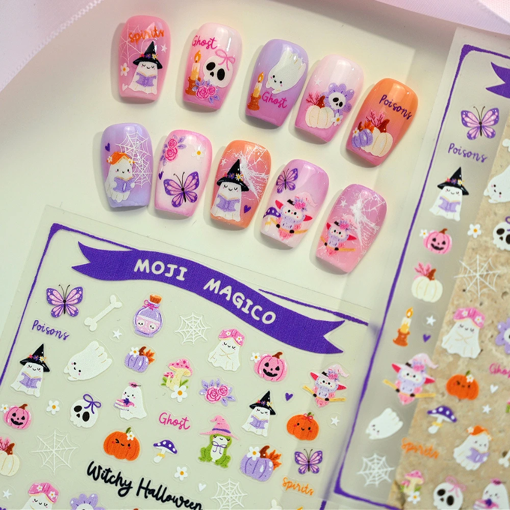 

Lovely Ghost Pumpkin Mushroom Butterfly Rose Owl Halloween 3D Self Adhesive Nail Art Stickers Bat Spider Cartoon Manicure Decals