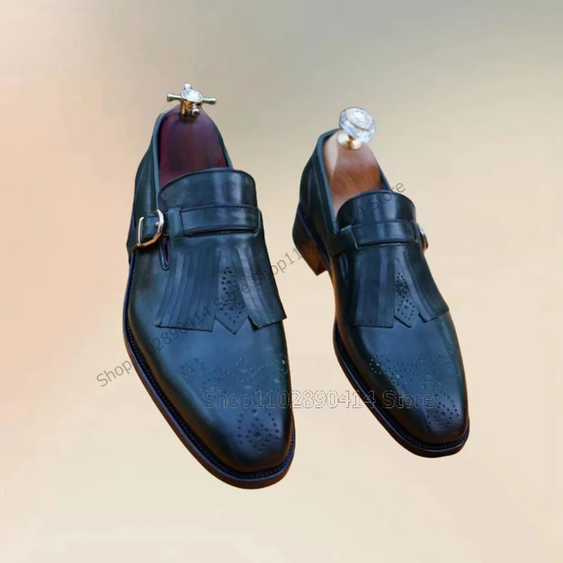 Black Carving Design Tassels Buckle Decor Loafers Fashion Slip On Men Shoes Luxury Handmade Party Banquet Office Men Dress Shoes