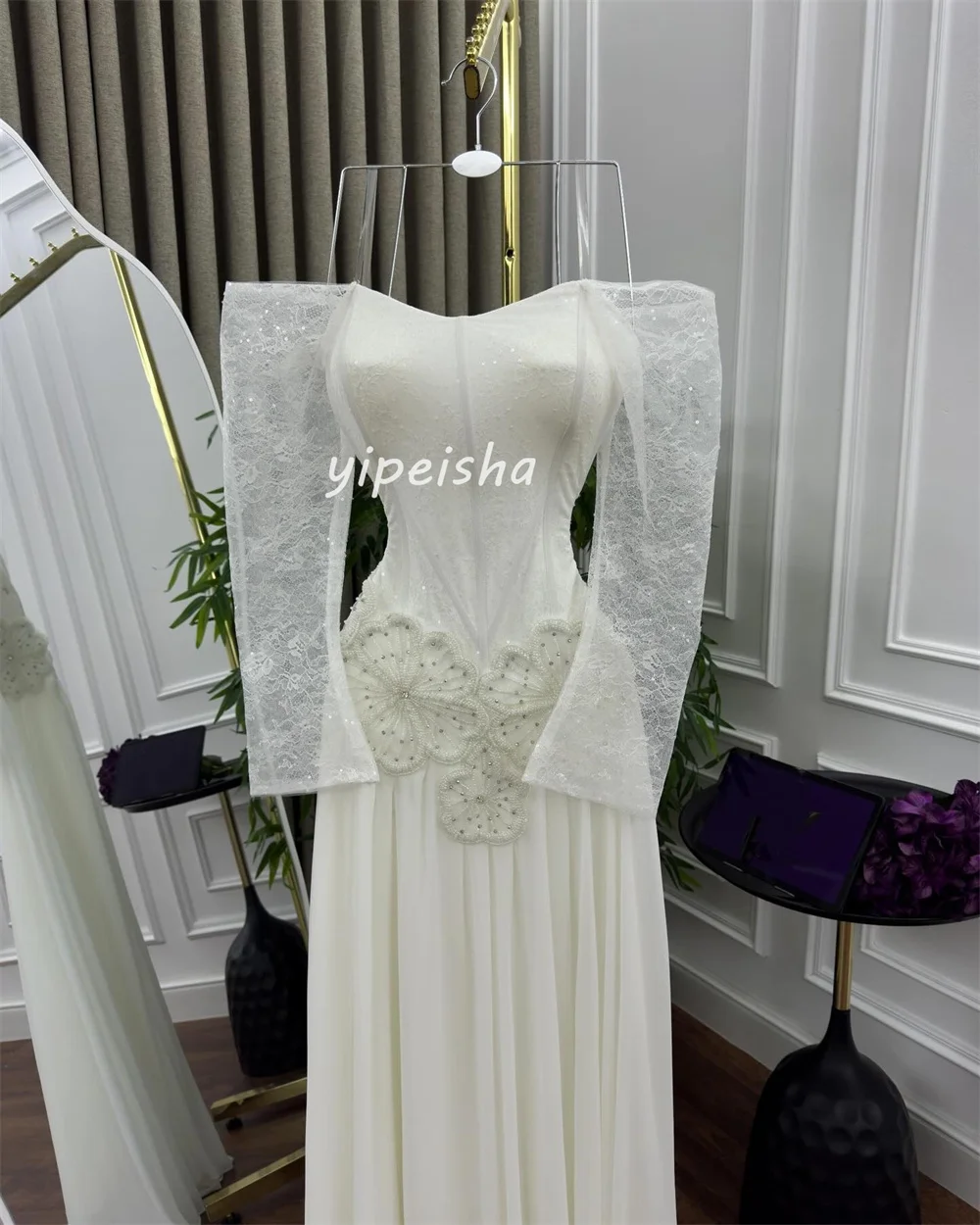 Vestidos largos personalizados de gasa exquisita hechos a mano con cuentas de flores y lentejuelas, vestidos largos con hombros descubiertos, vestidos para ocasiones a medida