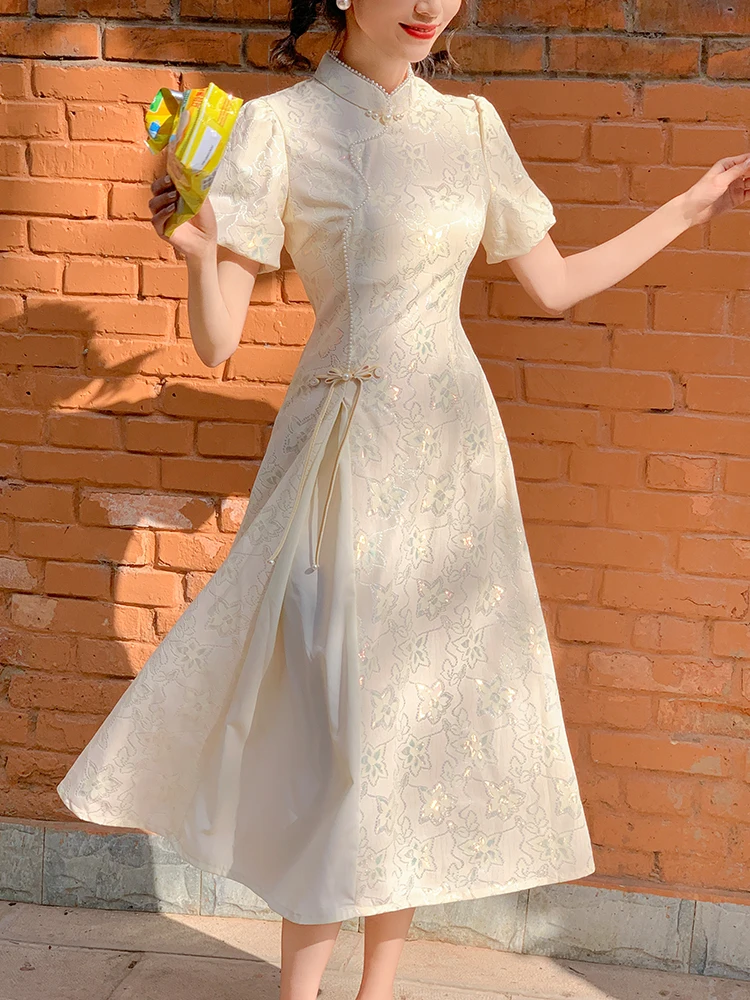 

Молодежное китайское кружевное платье-ципао светло-коричневого цвета в стиле Одри, весенне-осеннее, художественное, длинное, для повседневной носки