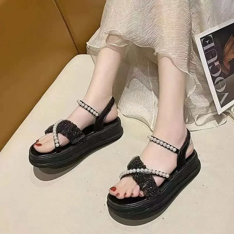 Platform Roman Style Summer 2024 Women\'s Shoes Pearl White Beach Sandals for Woman Footwear Trend Sale Luxury Vintage Vip Sandal