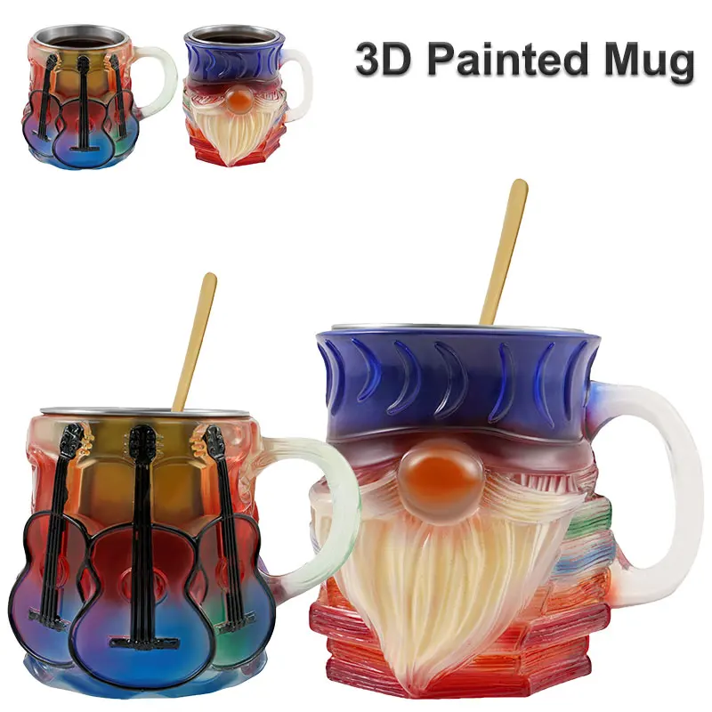 

3D Painted Mug Creative Christmas Books/Guitars Embossed Gradient Pattern Drinkware 15oz Coffee Tea Cup Birthday Christmas Gifts