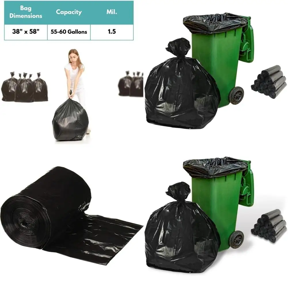 

Heavy-Duty 55-60 Gallon Black Trash Bags, 100 Pack, 1.5 Mil, Suitable for Kitchen, Warehouse, Office, and Janitorial Use