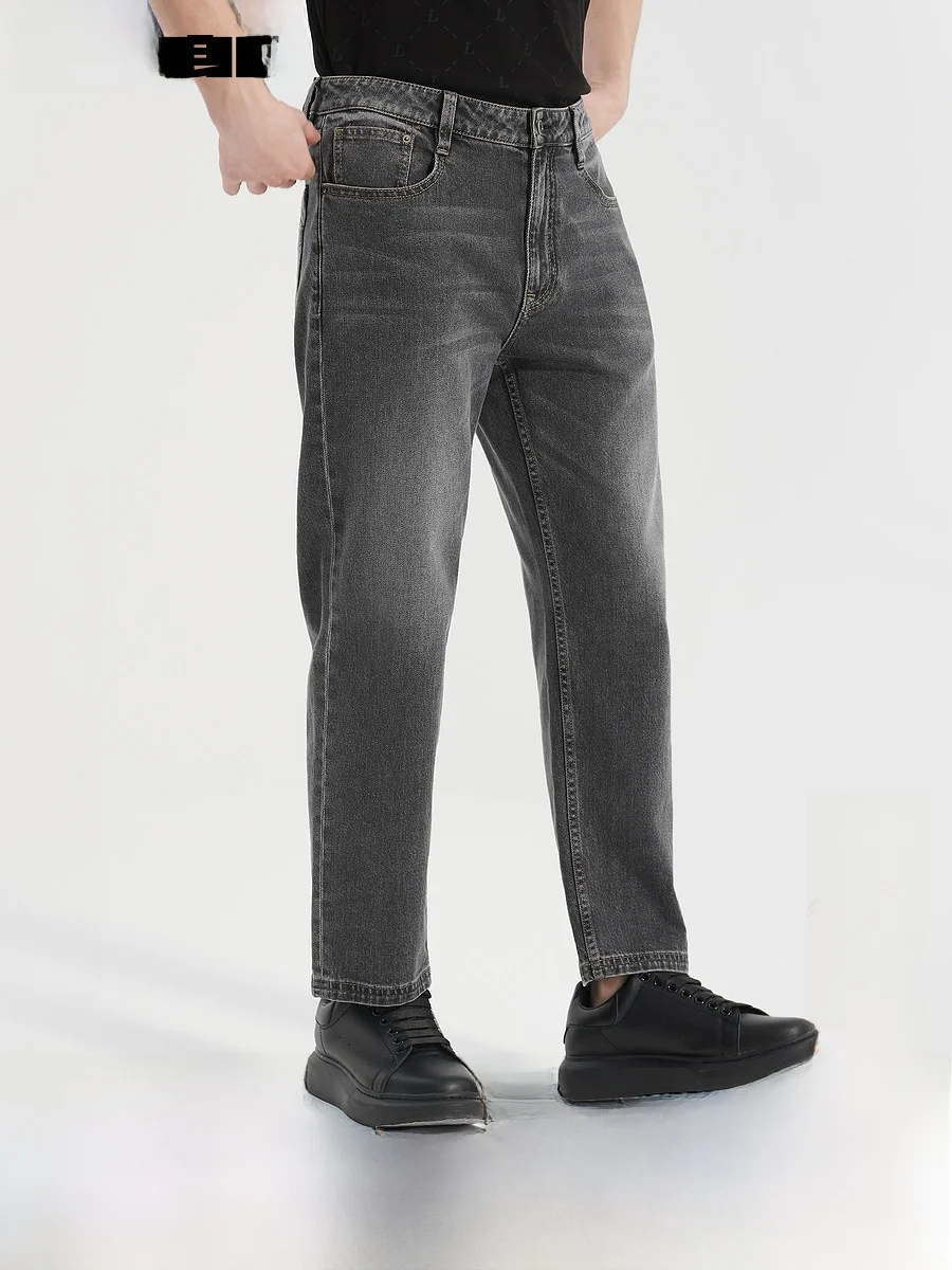 Lilanz Men's Fashionable  Jeans Elastic mid Waist Straight Leg Spring New Style Nine Points Denim Pants Casual Fit