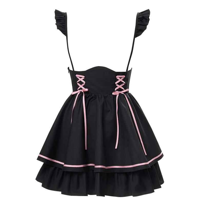 Sweet Japanese Pink Shirt Black Suspender Skirt Summer New Women Outfits Mine Puff Sleeves Ruffled Bow Lace-up Slim Skirt Sets