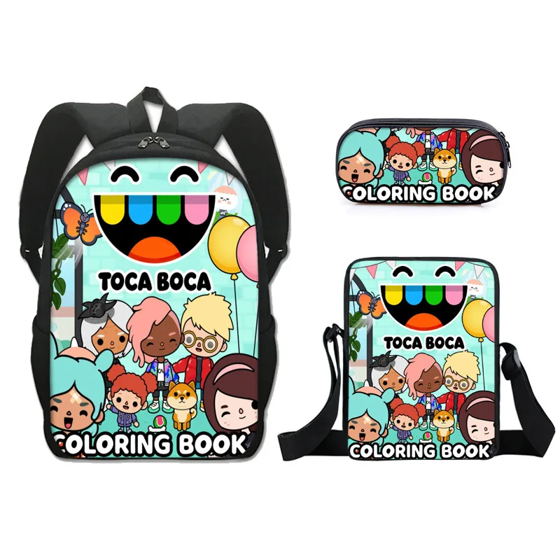 Cartoon mochila Toca Life World para crianças, mochila escolar, bolsa de ombro, bolsa lápis, conjunto de 3 bolsas escolares para menina e menino