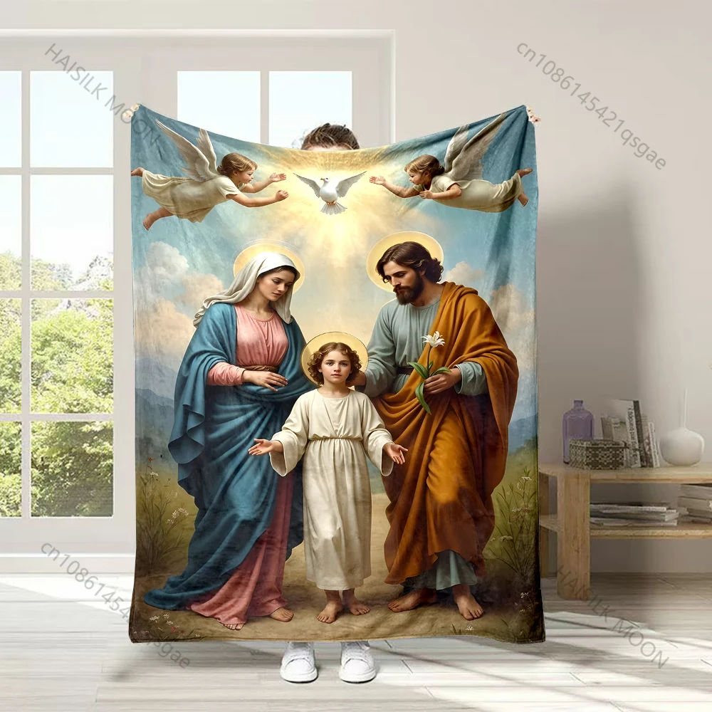 1PC Religious family with angels Faith-printed Flannel Blanket Soft and Warm Suitable for Home Travel Picnics Camping and RV