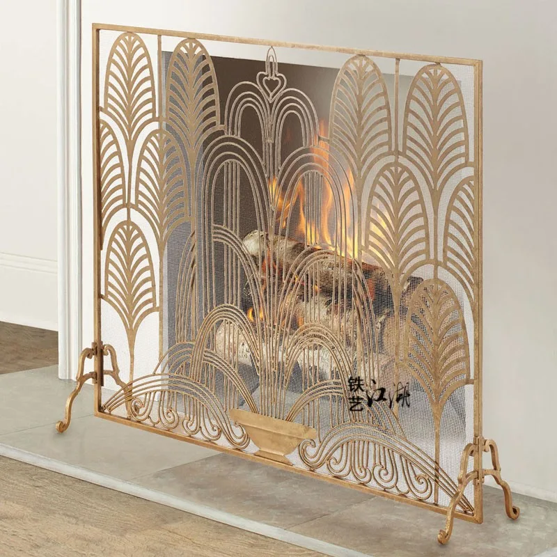 

French carved retro iron carving fireplace partition screen with net fireproof home custom fireplace decorative fence