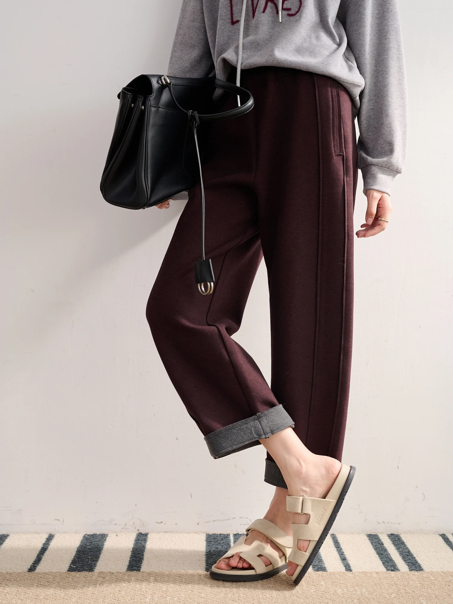 

JPOO Commuter Casual Pants High Waist Elastic Polyester Blend Harlan Sle Nine-Tenths Length Anti-Wrinkle Leisure Trousers