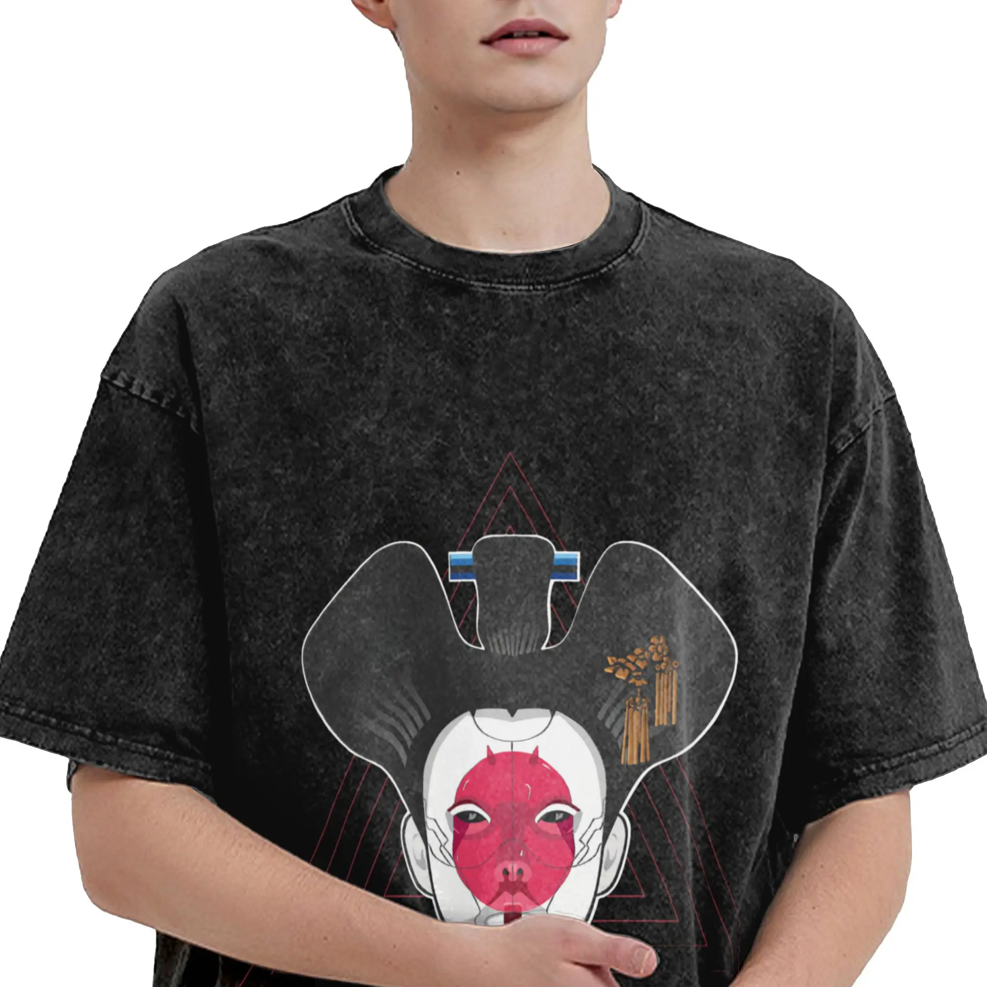 Harajuku Washed Shirt ghost in the shell - the geisha  Outfit Vintage T Shirt Harajuku  Streetwear Short Sleeve Summer Tees