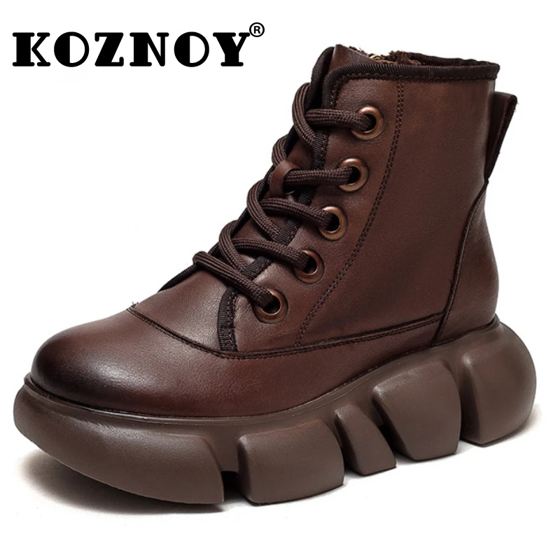 Koznoy 5cm Retro Natural Platform Wedge Autumn British Booties Ankle Genuine Leather ROME Motorcycle Spring Ethnic Woman Shoes