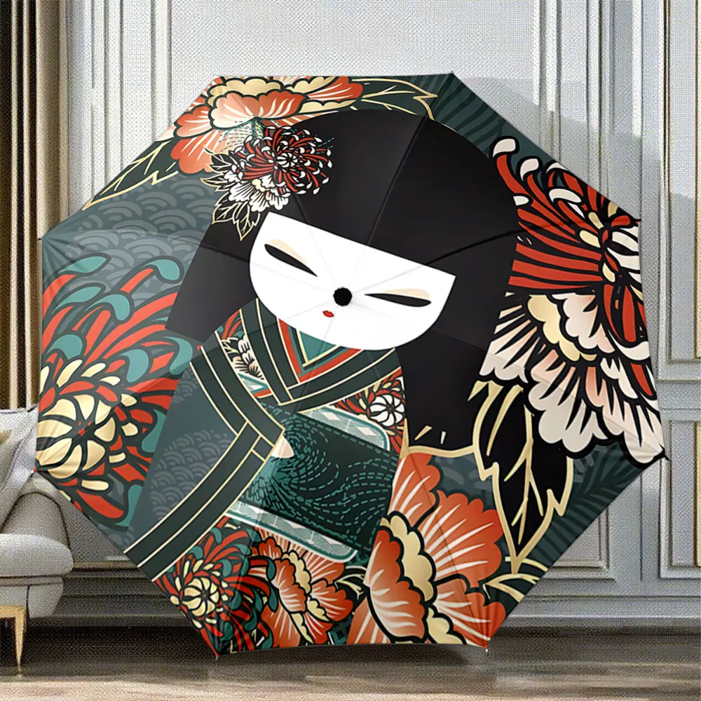 Japanese Geisha Art Umbrella with Colorful Floral Design Portable Folding Umbrella, Gift for Family And Friends