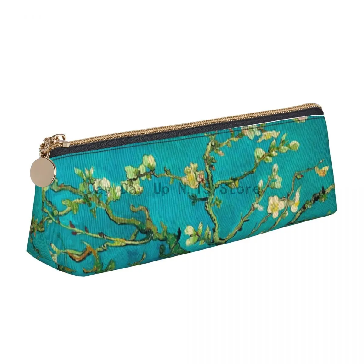 Van Gogh Leather Pencil Case Almond Tree Floral Art Elementary School Girls Boys Zipper Pencil Box Cool Big Triangle Pen Pouch