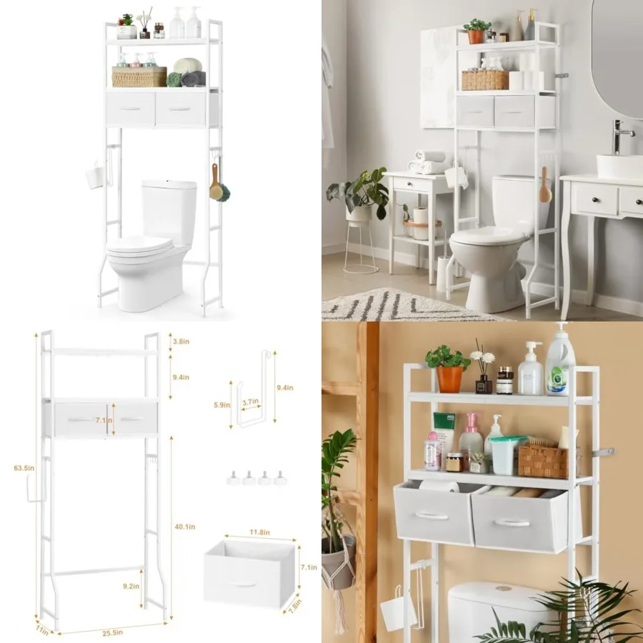 

Over The Toilet Storage Cabinet, Over Toilet Bathroom Organizer with Drawer, Above Toilet Stand with Roll Holder and Hooks, Ove