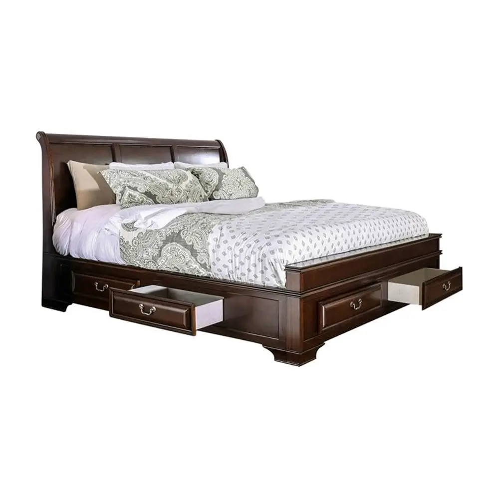 Transitional Wood Queen Storage Platform Bed, Brown Cherry Finish, 91.75" L x 64.75" W x 54" H, 6 Drawers, Arched Panel Headboar