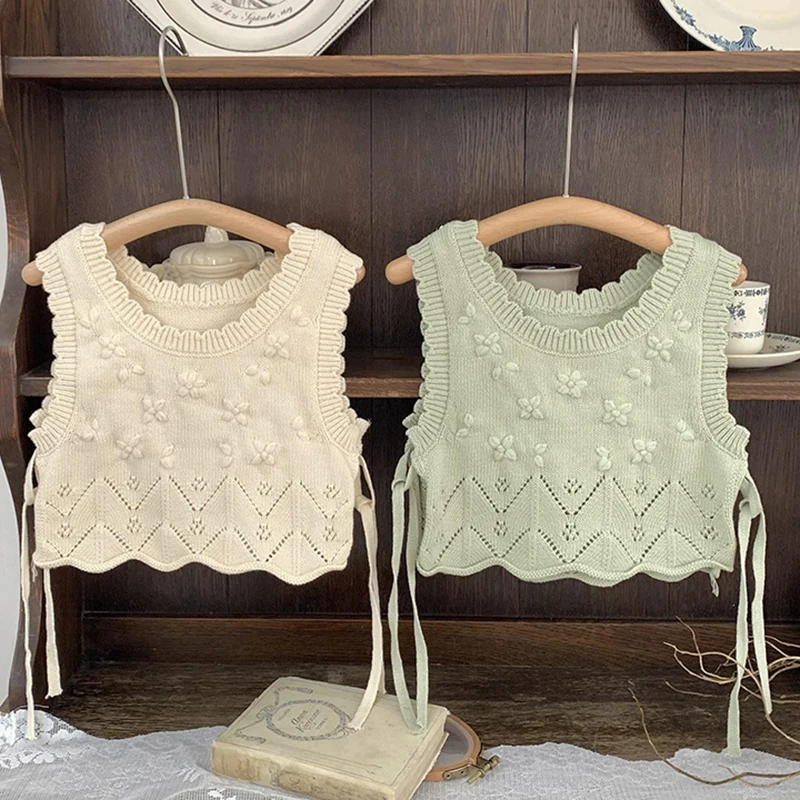 Spring Girls Knitting Vest Childrens Clothing Summer Korean Version Girls Camisole Knitted Vest Embroider Loose Cotton Sweater