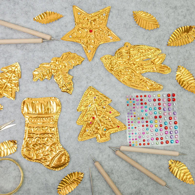

DIY Gold Foil Art Relief Christmas Decorations Gold Silver Decorative Pendant Combination Tin Foil Paper Craft Sewing Tool Set