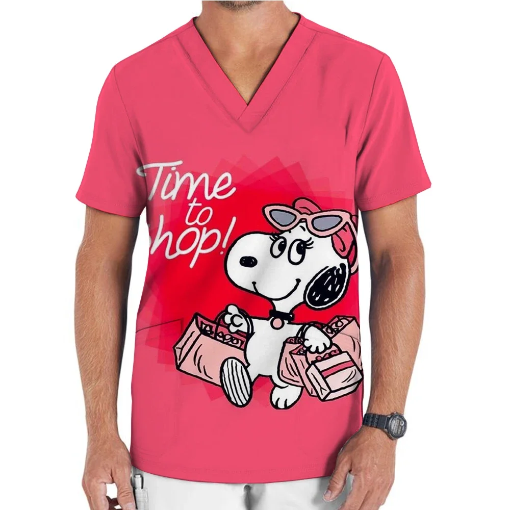 Snoopy T-shirt frosted top men's short sleeved V-neck nurse uniform work uniform men's T-shirt uniform top men's clothing