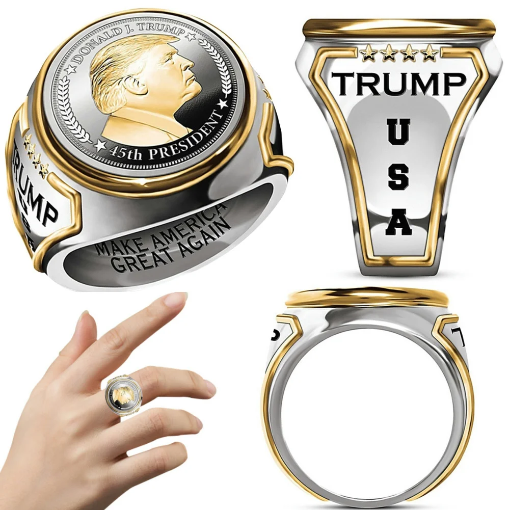 Bicolor Donald Trump Ring Trump Engrave Ring The 45th President Memorial Ring Souvenir Make America Great Again Gift for Friends