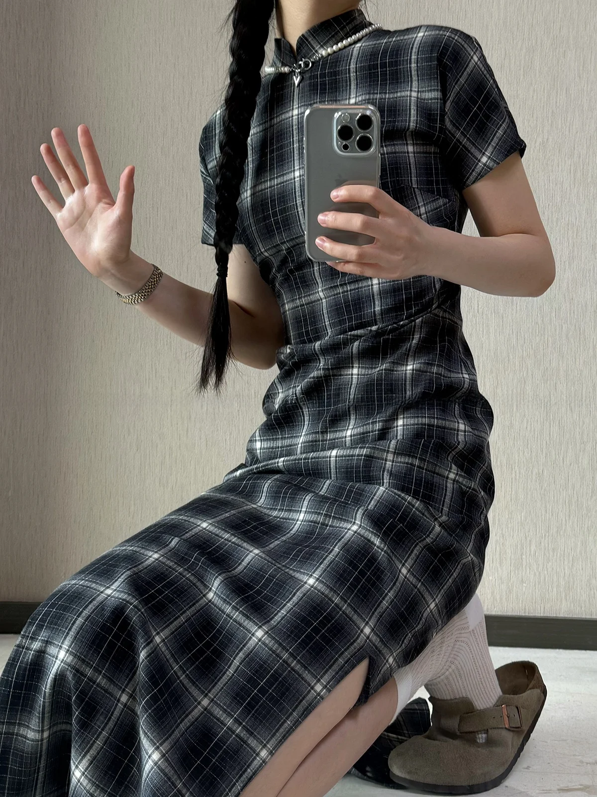 

Xu Zhi Xing Bla White Plaid ort Sve Qipao Dr Anti-Wrinkle Slimming Vintage Art Long Skirt Daily Wear Low Slit