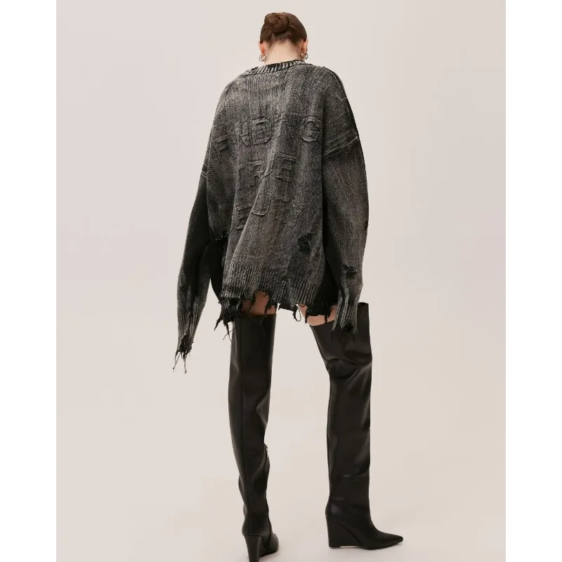 European American Vintage Laid-back Tattered Style Pullovers in Autumn Winter Loose Jacquard Casual Knitted Sweater for Women