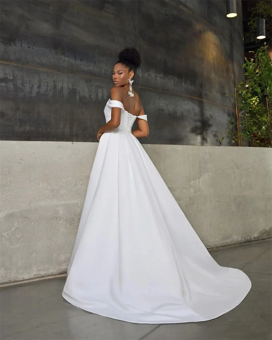 女性用ブライダルドレスをカスタマイズ Aライン ハイ スリット オフショルダー ノースリーブ 花嫁ドレス バックレス プリーツ vestidos de novia カスタマイズ