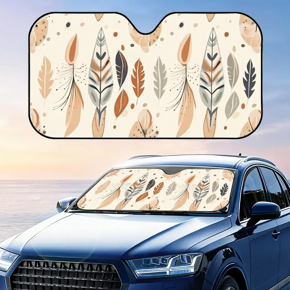 Boho Pattern with Feathers Sun Visor Foldable Car Windshield Sun Shade UV Protection Reflective Heat Insulation Reusable Cover