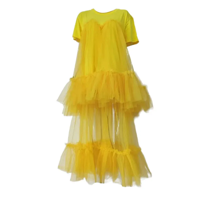 

Women Black Layers Mesh Long Dress New Round Neck Short Sleeve Loose Fit Fashion Tide Spring Summer