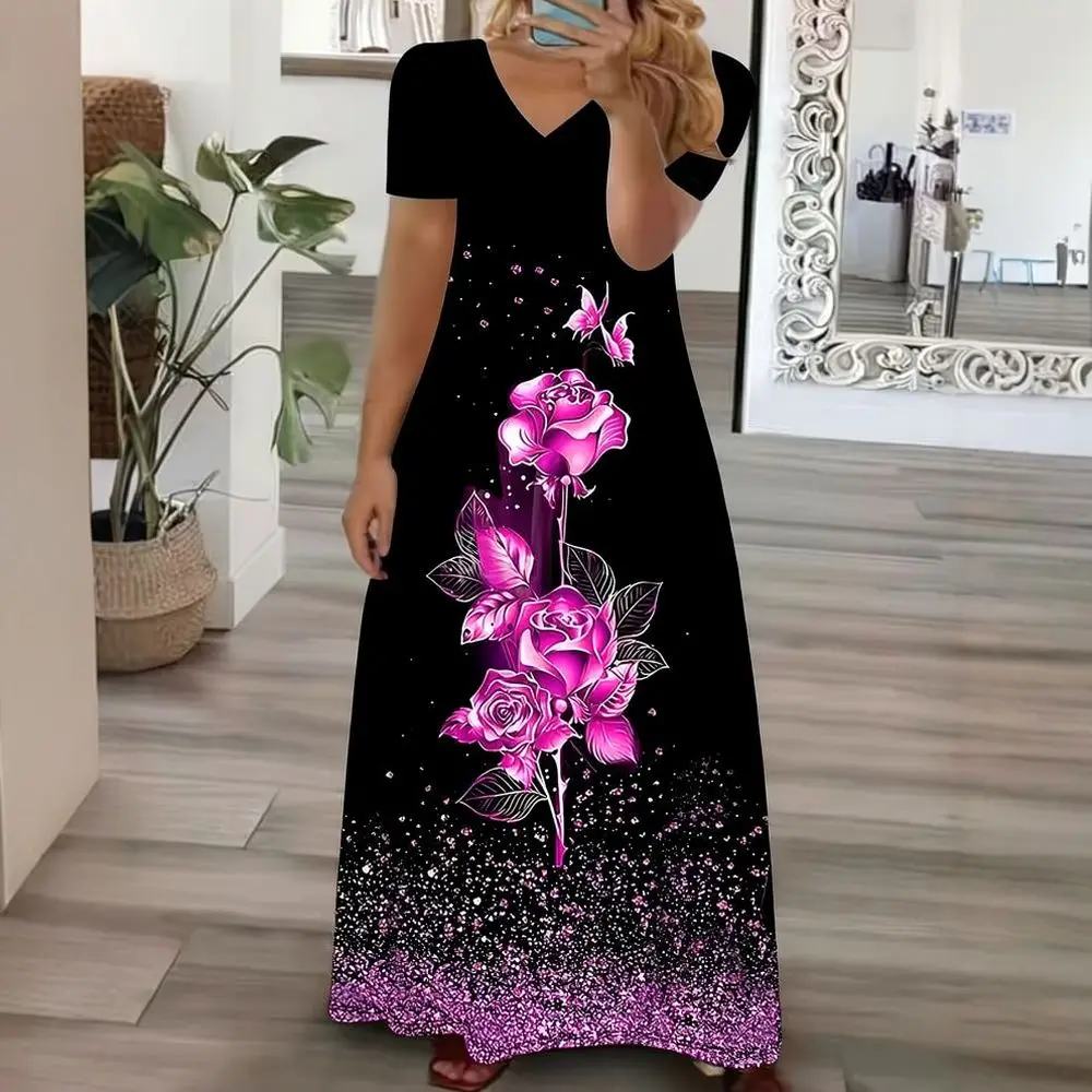 Vintage Style Floral Rose Long Dress Womens V Neck Casual Loose 3D Print Summer Vacation Beach Bohemian Elegant Robe
