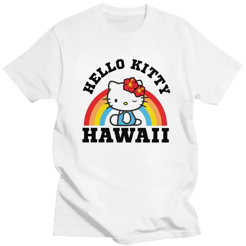 Hello Kitty Hawaii Rainbow Tshirt Men Short Sleeve Streetwear T Shirt Unique T-shirts Loose Fit Cotton Tee Clothes