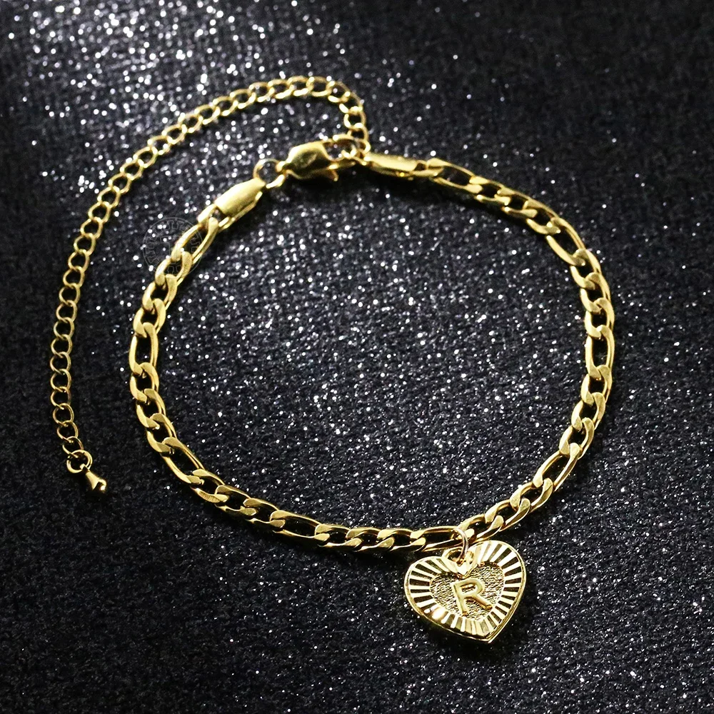 

5mm Heart Shaped Anklet for Women Initial A Z Letter Charm Gold Color Stainless Steel Figaro Link Chain Anklet DKA16