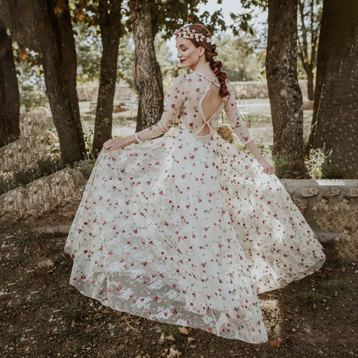 Floral Fairy Photoshoot Dress A Line Three Quarter Sleeves Custom Made Blooom Flowers Hollow Colorful Alternative Bridal Gown