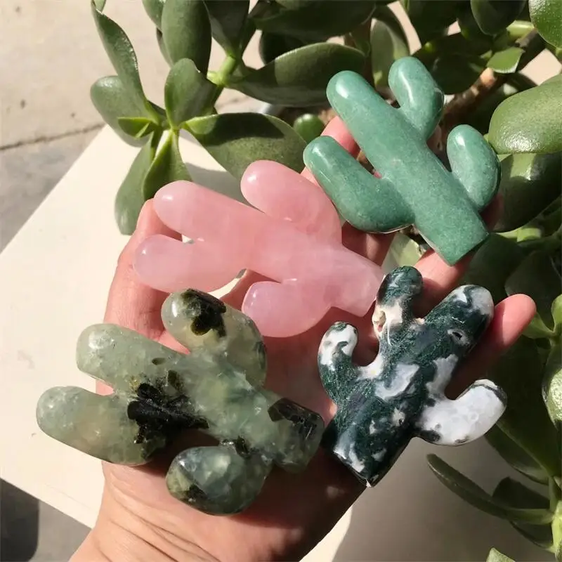 

Natural Prehnite Rose Quartz Moss Agate Green Aventurine Carved Cactus Gemstone Crystal Plant Statue 1pcs