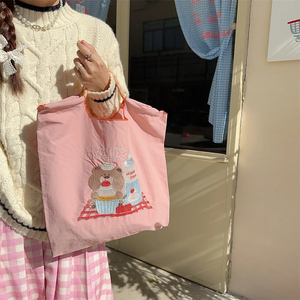 Women Tote Bag Cartoon Bear Print Open Top Handbag Female Cute Large Capacity Purse With Short Handle For Daily School