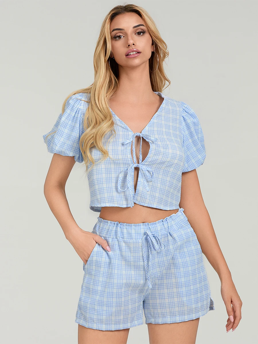 Women 2pcs Shorts Set Summer Outfits Plaid Print Tie Front Short Puff Sleeves Shirts Top and Elastic Waist Shorts Y2k Streetwear