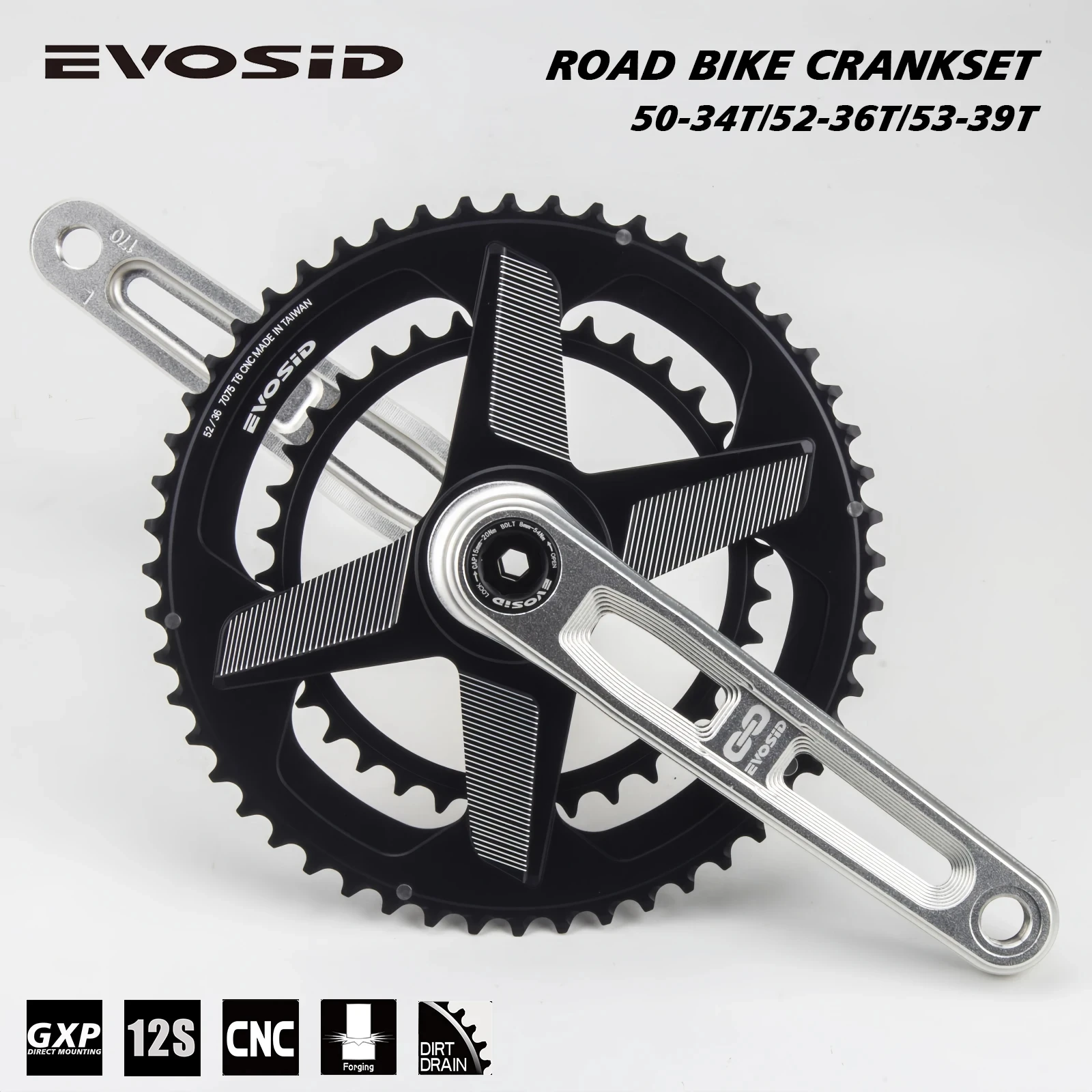 EVOSID Ultralight Road Bike Crankset 2*12S Chainring 50-34T 52-36T 53-39T Hollow Tech Crank 165MM 170 Gravel Bicycle Chainwheel