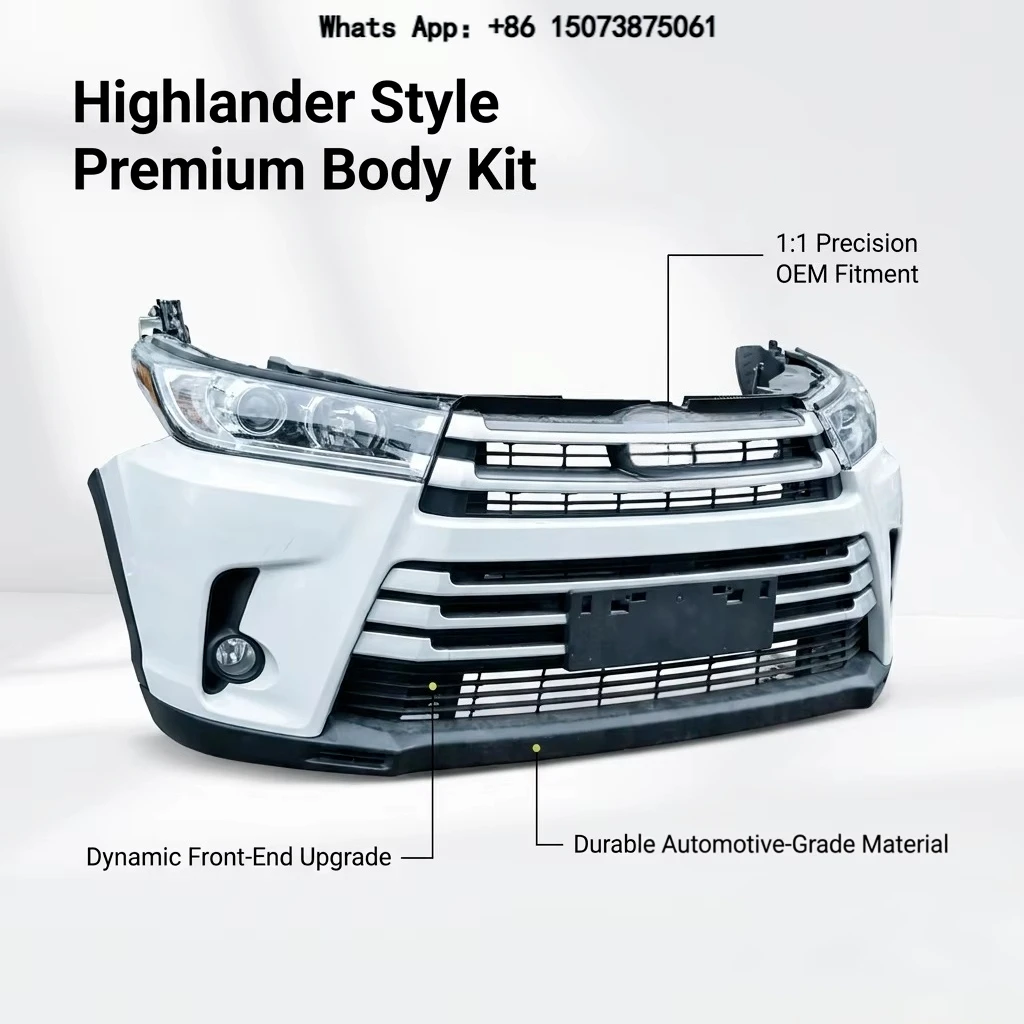 Complete Front Bumper Assembly with LED Headlights for Highlander 2017 2018 2019 Body Kit with Grille ABS Material