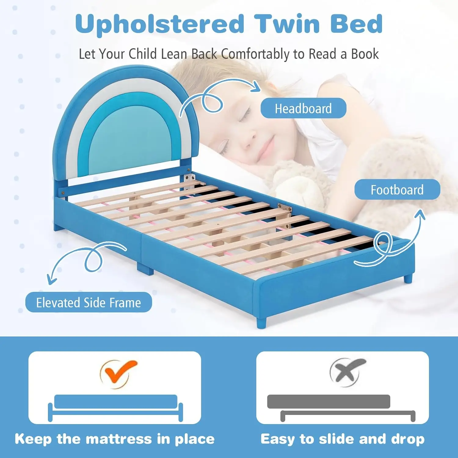 Twin Bed Frames Voor Kinderen, Gestoffeerd Houten Kids Bed Met Verstelbaar Hoofdeinde, Lamellen Ondersteuning, 660 Lbs Gewicht Dop, Geen Boxspring N