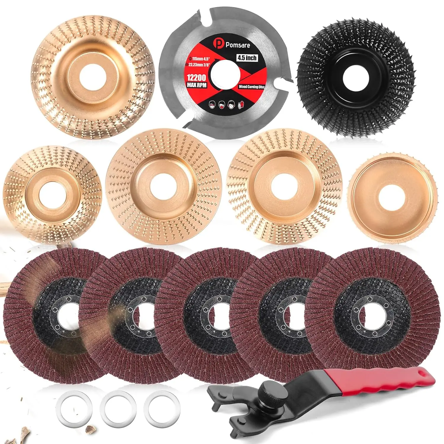 

13PCS Wood Carving Disc Set for 4 1/2 Angle Grinder - Stump Grinder Blades, Flap Discs for Woodworking Cutting, Grinding, Shaping & Sanding